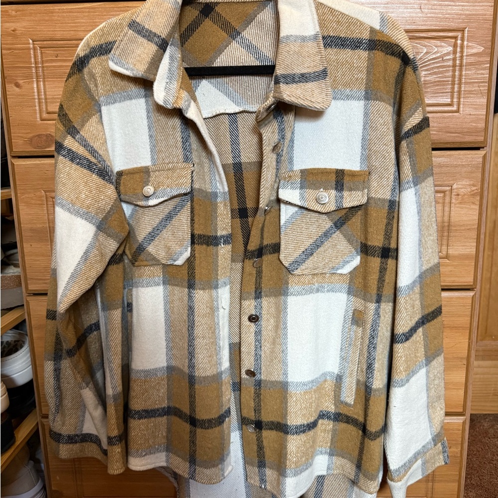 SHEIN Plaid Button Down Shirt - Brown and Cream